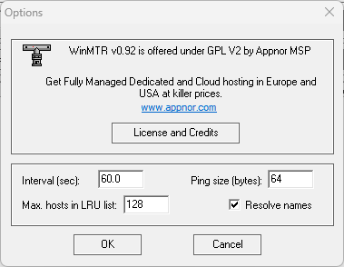 WinMTR Options